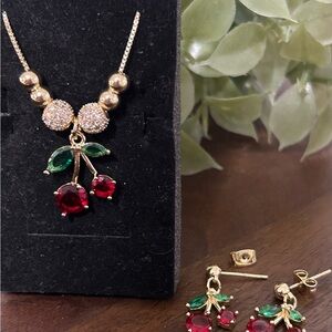 Gold Cherry Necklace and Earring Set with Red and Green Accents